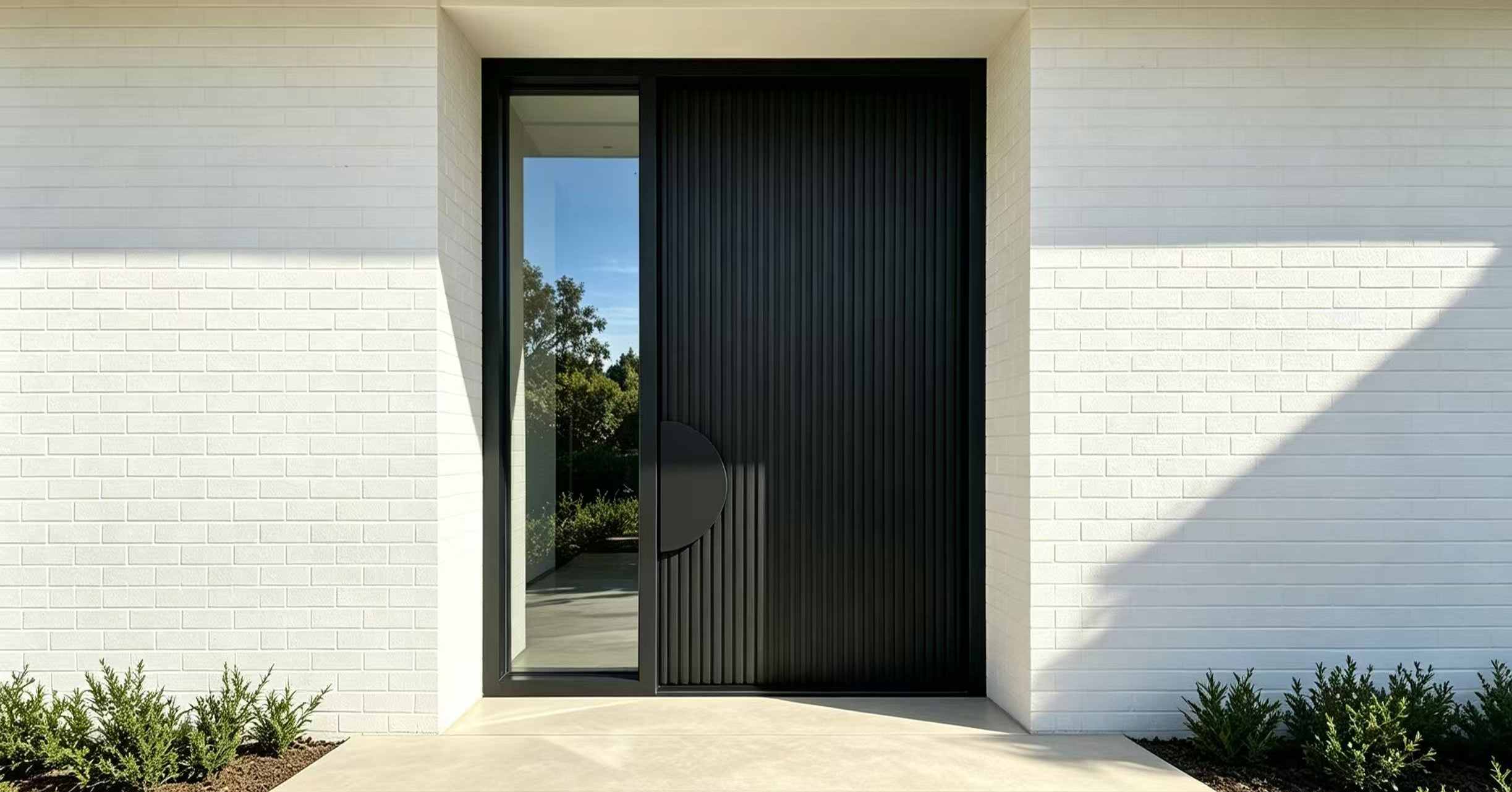 Caso de Instalação de Casa na Austrália | Porta Pivotante Deslocada em Alumínio Canelado Preto Fosco