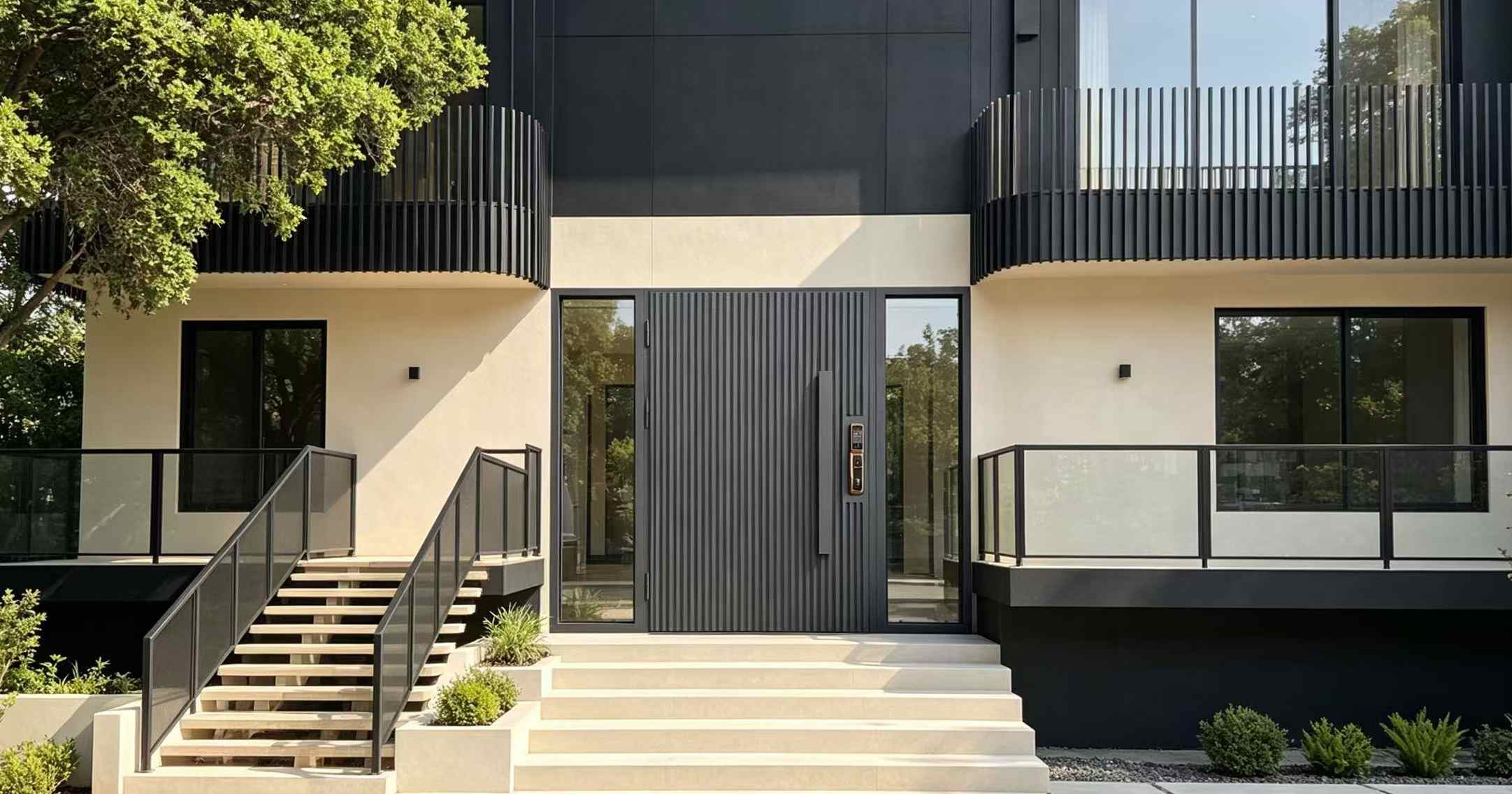 Depoimento de cliente em Melbourne | A porta de entrada em alumínio cinza Monument transforma a fachada da nossa moderna casa.