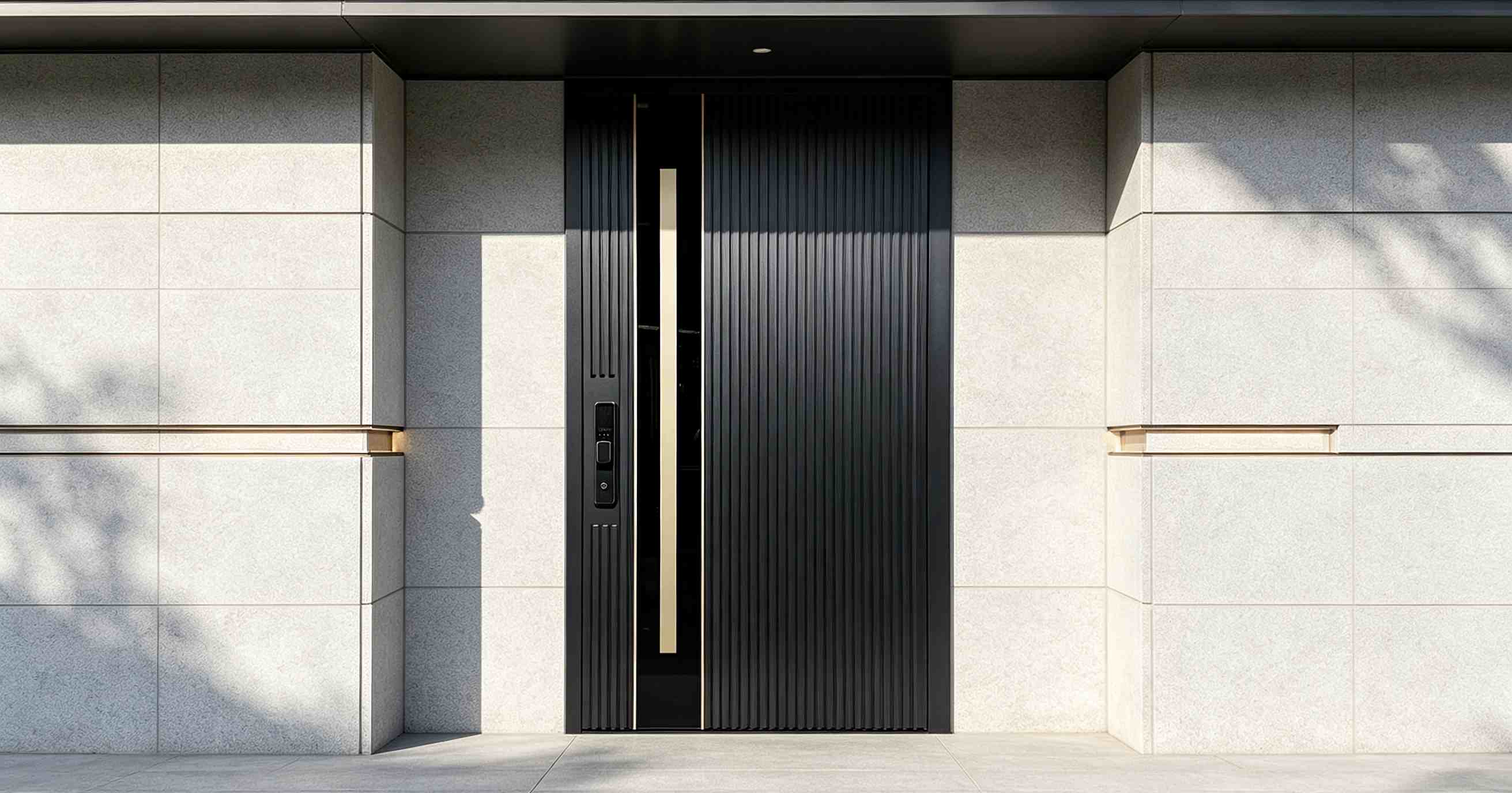 Projeto personalizado de porta de entrada em alumínio e vidro preto para uma villa moderna australiana | Maçaneta dourada