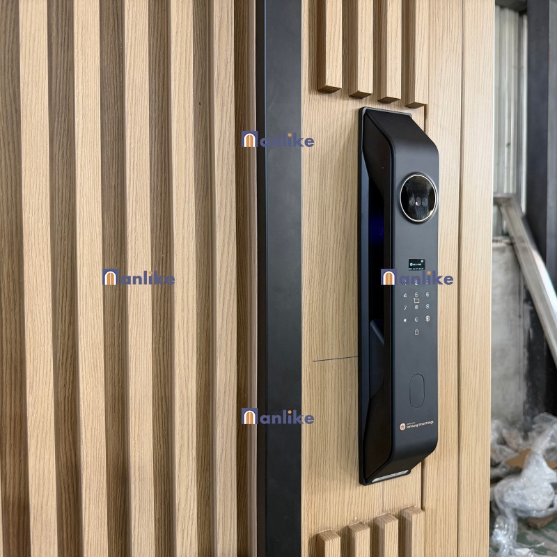 modern fluted wood grain aluminum entry door with sidelights