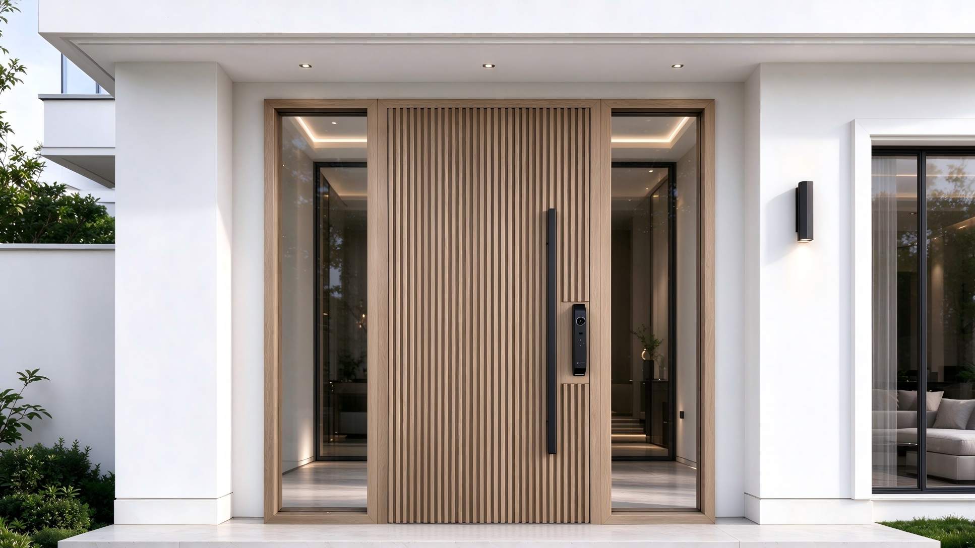 Porta de entrada em alumínio com vidro fumê e acabamento amadeirado: um projeto de transformação de uma casa moderna na Austrália.